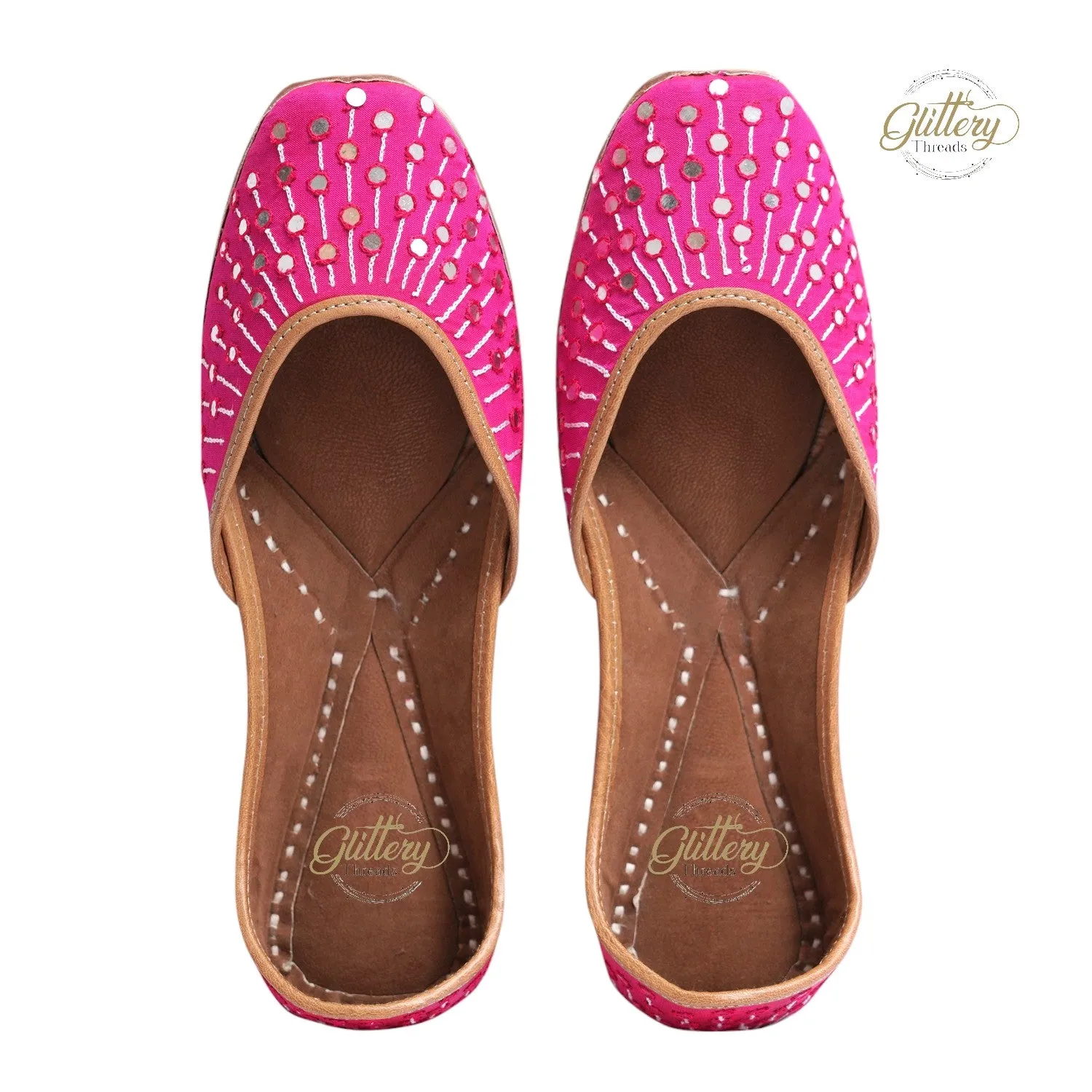 Fuschia Color Ethnic Punjabi Leather Jutti with Foil Mirror Work | Women's Indian Traditional Wear Mojari | Women's Khussa Shoes | Indian Ballet Flats