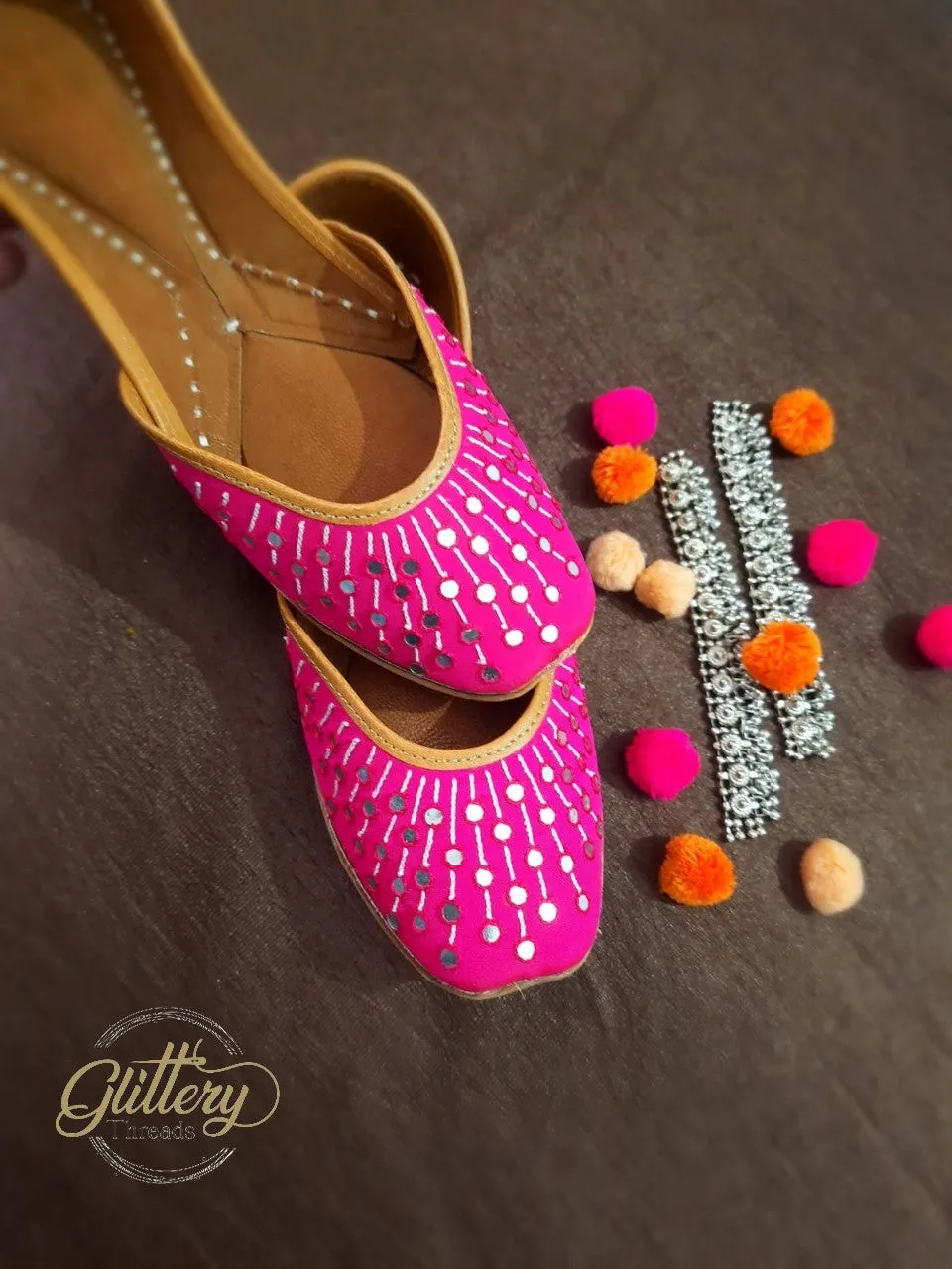 Fuschia Color Ethnic Punjabi Leather Jutti with Foil Mirror Work | Women's Indian Traditional Wear Mojari | Women's Khussa Shoes | Indian Ballet Flats
