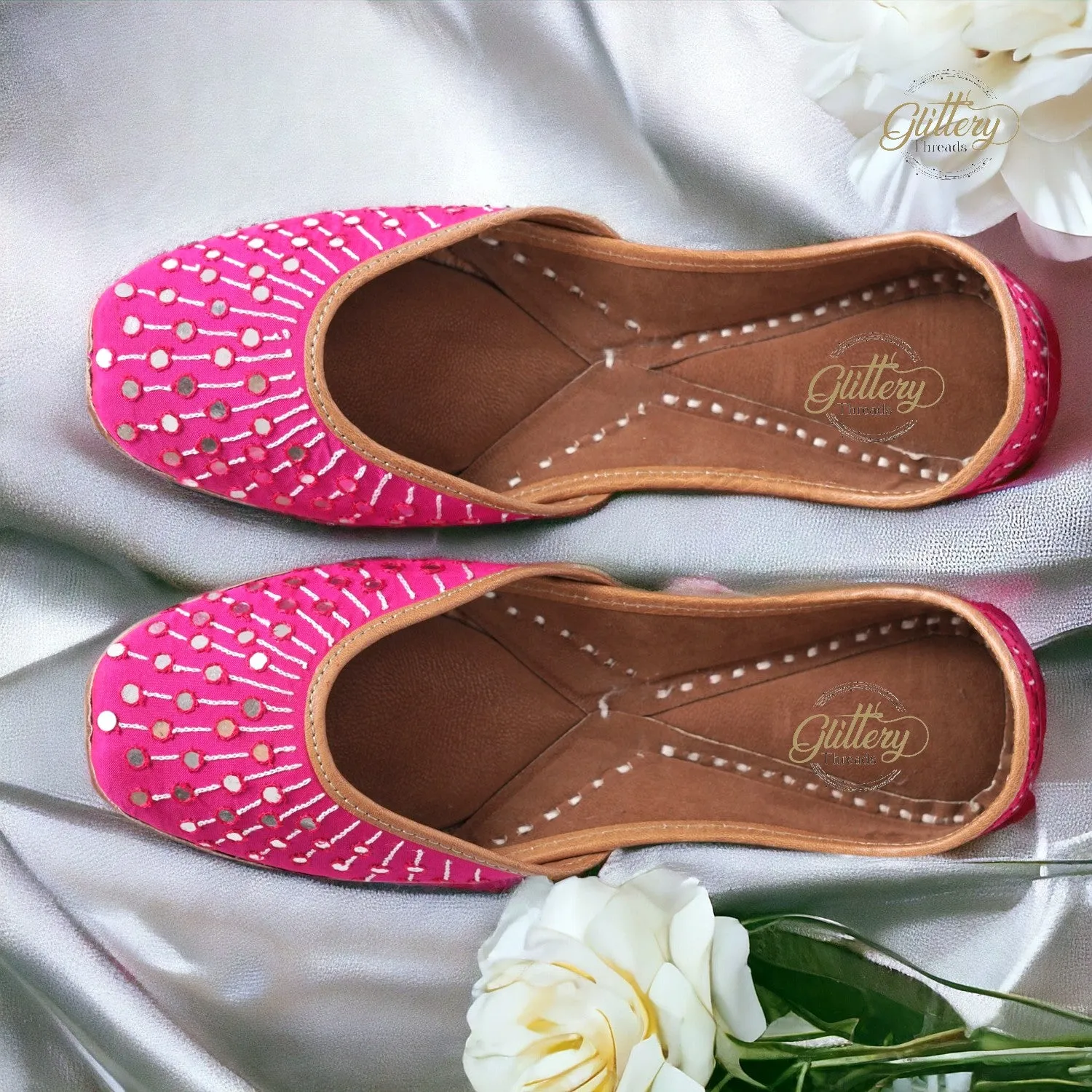 Fuschia Color Ethnic Punjabi Leather Jutti with Foil Mirror Work | Women's Indian Traditional Wear Mojari | Women's Khussa Shoes | Indian Ballet Flats
