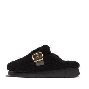 Gen-FF Buckle Curly Shearling Leather Mules in Black