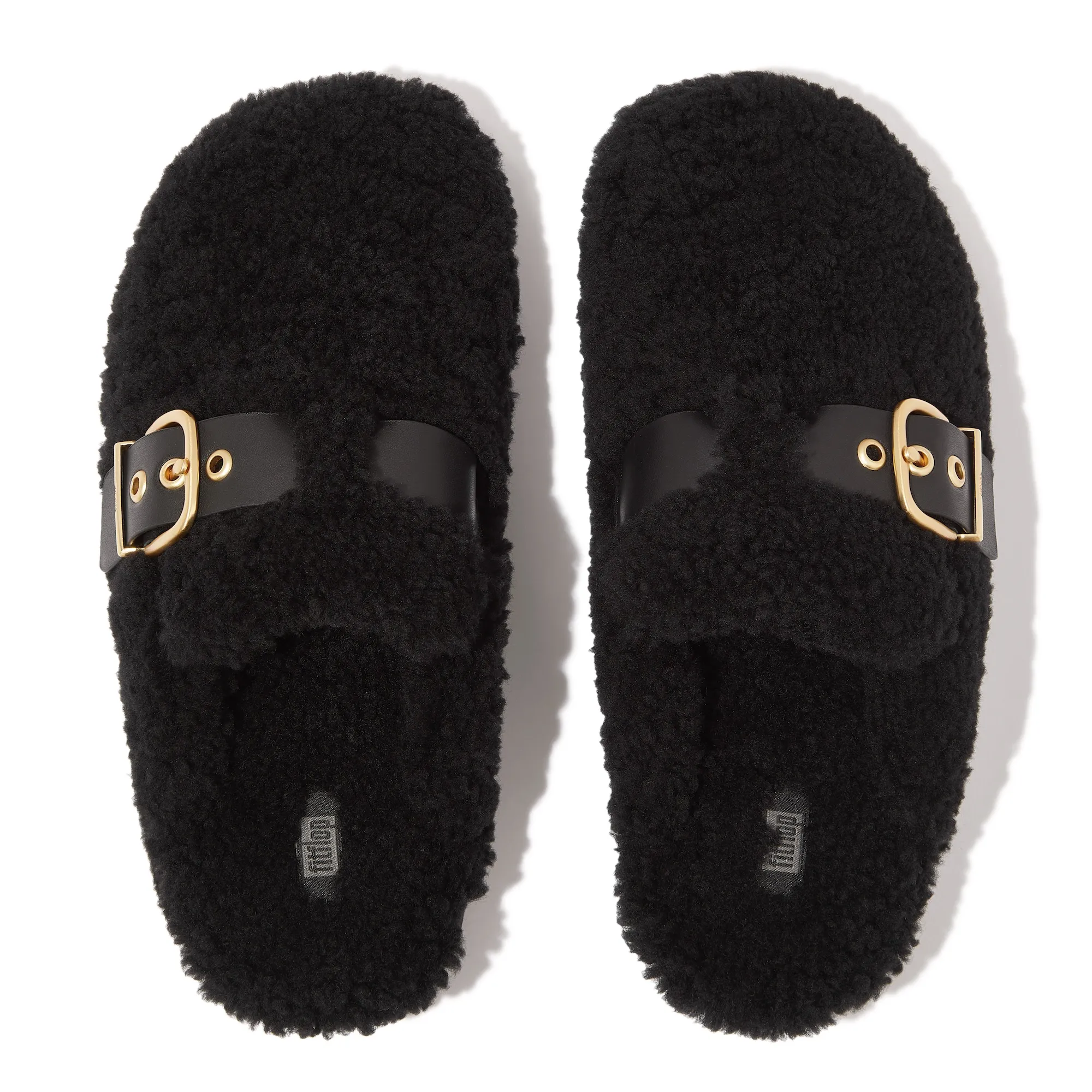 Gen-FF Buckle Curly Shearling Leather Mules in Black