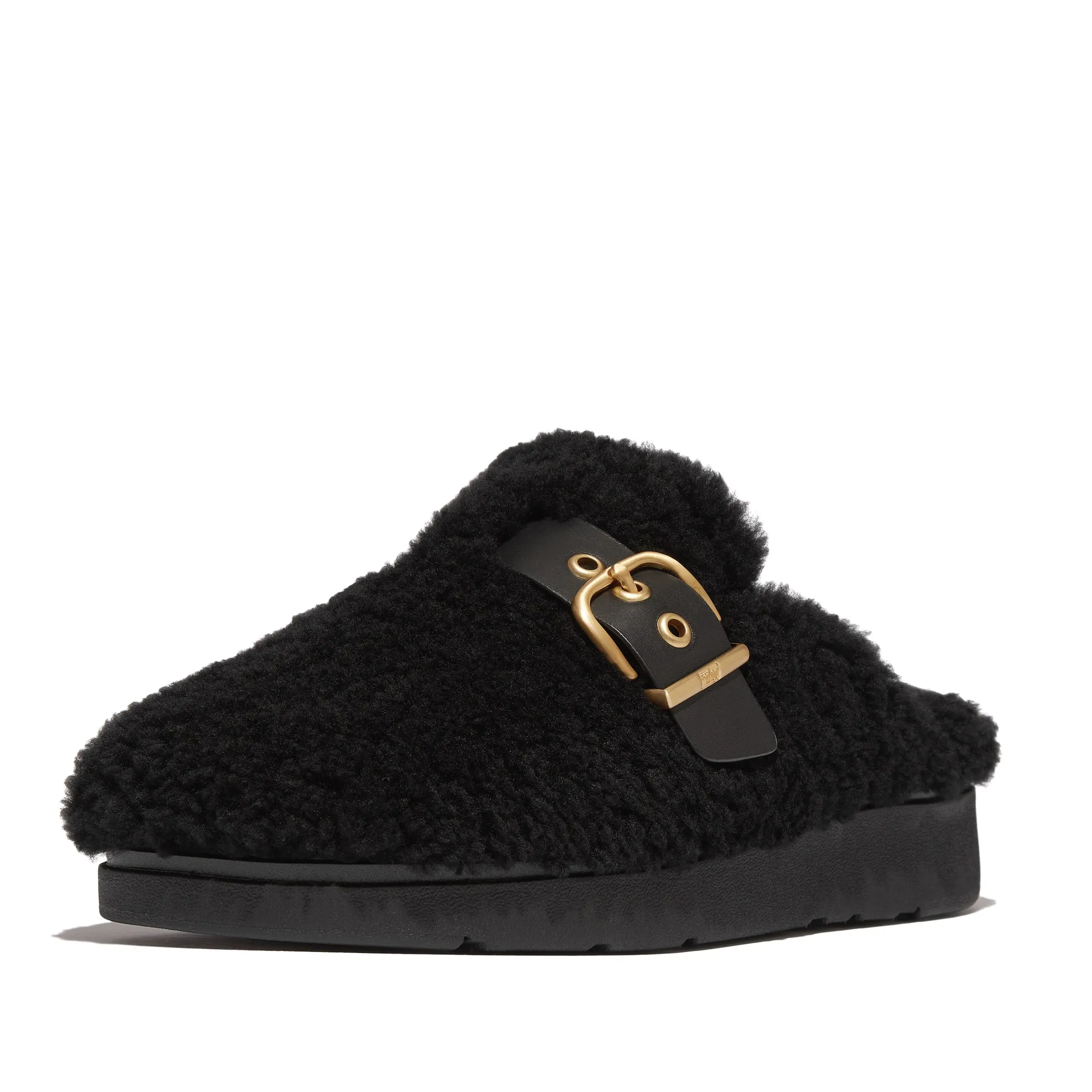 Gen-FF Buckle Curly Shearling Leather Mules in Black