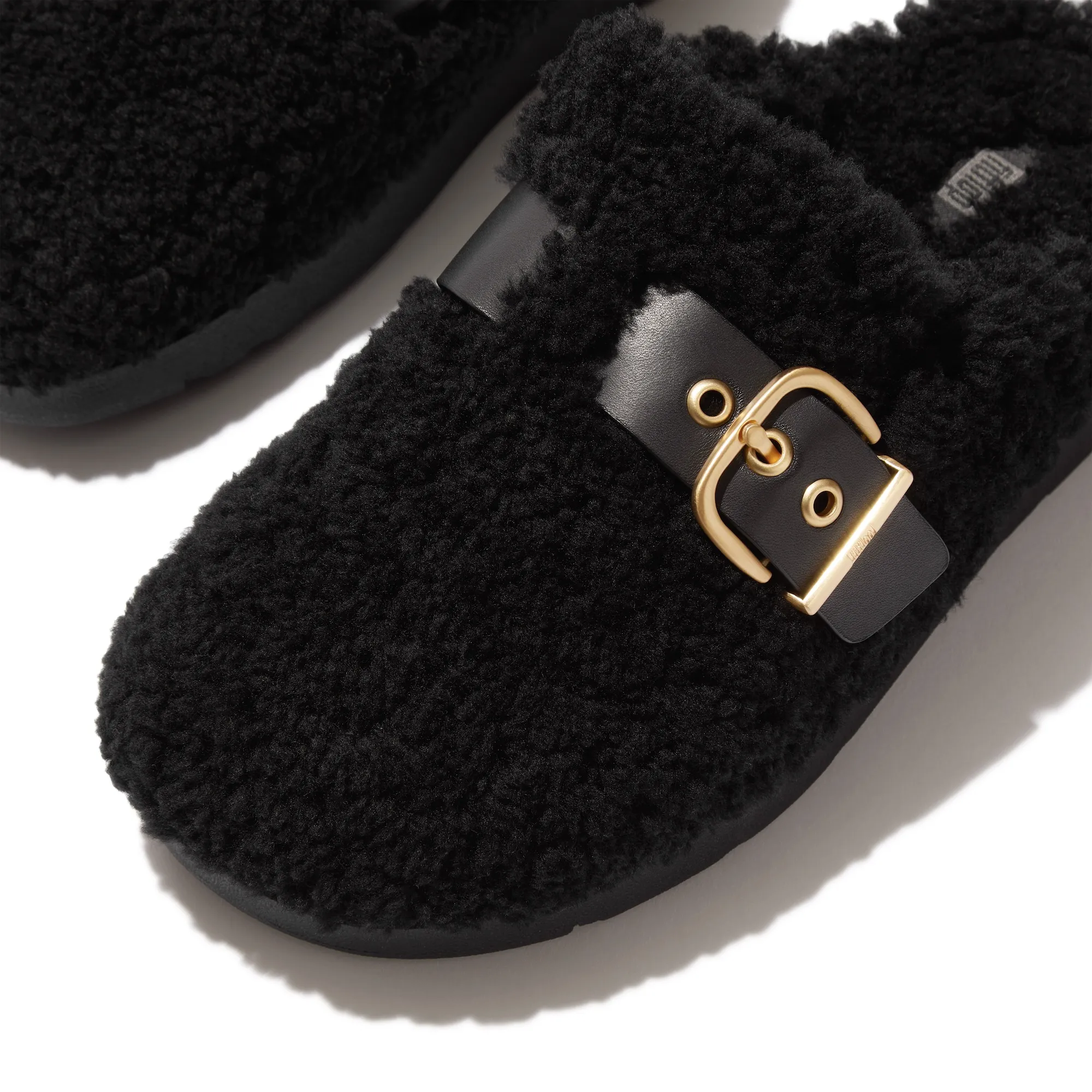 Gen-FF Buckle Curly Shearling Leather Mules in Black