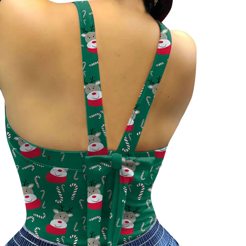 Green Reindeer Christmas Halter Top
