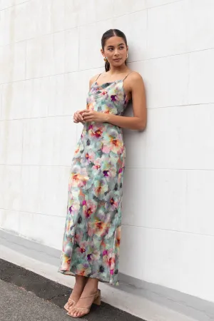 Lavish Blue Multi Floral Tie Back Bias Slip Dress
