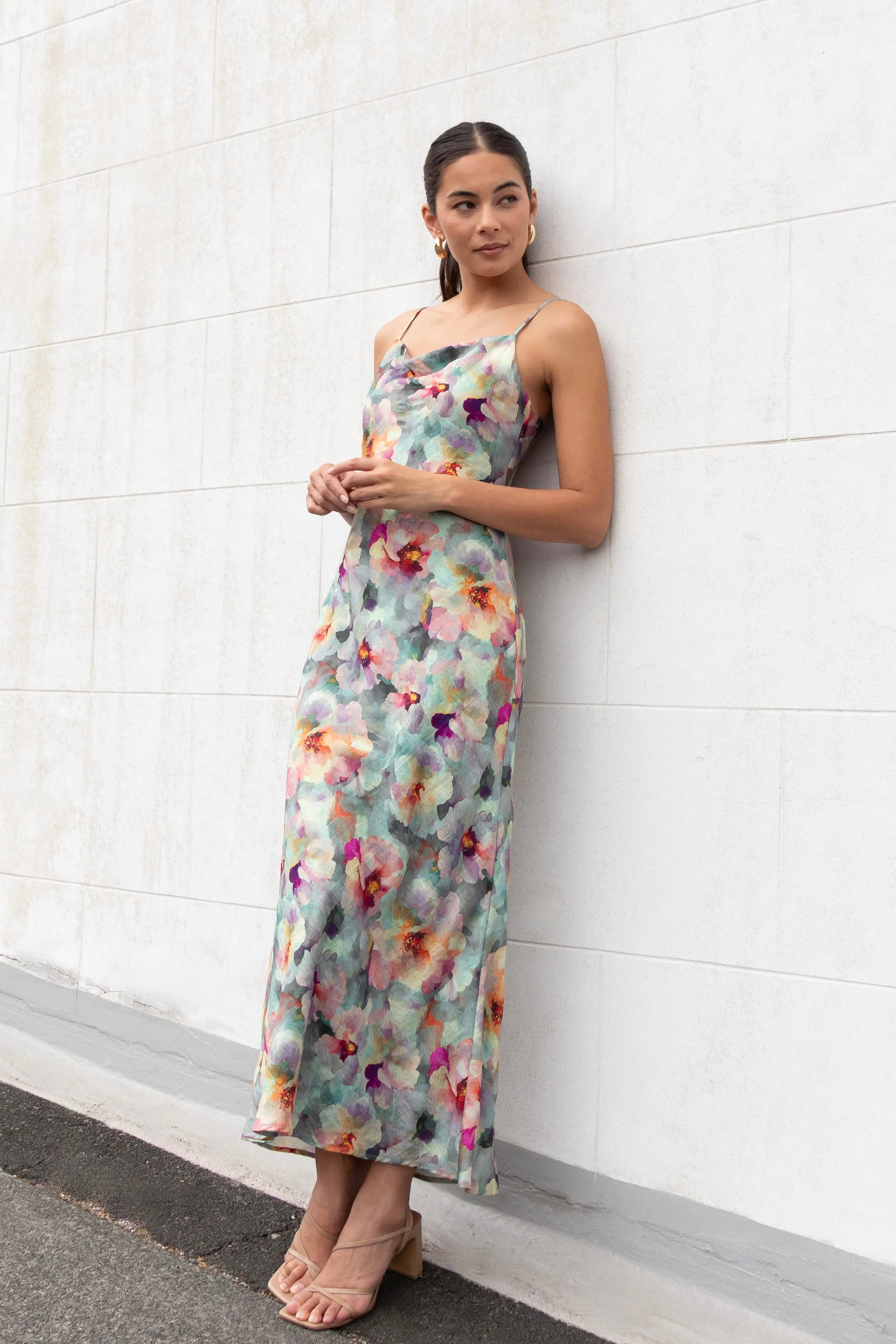 Lavish Blue Multi Floral Tie Back Bias Slip Dress