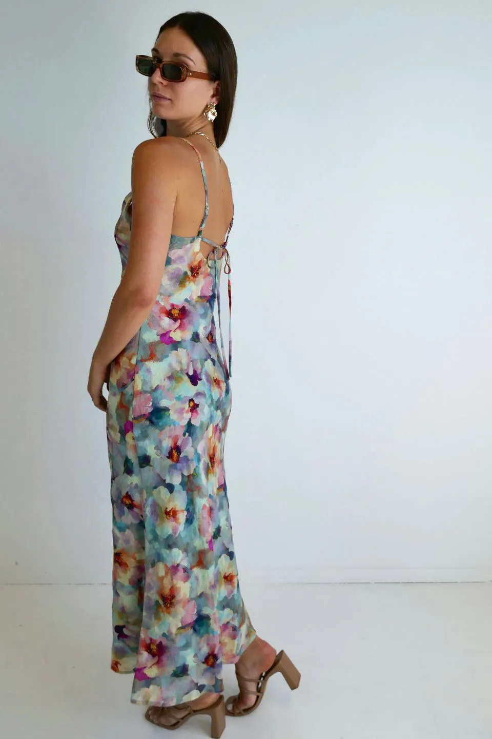 Lavish Blue Multi Floral Tie Back Bias Slip Dress
