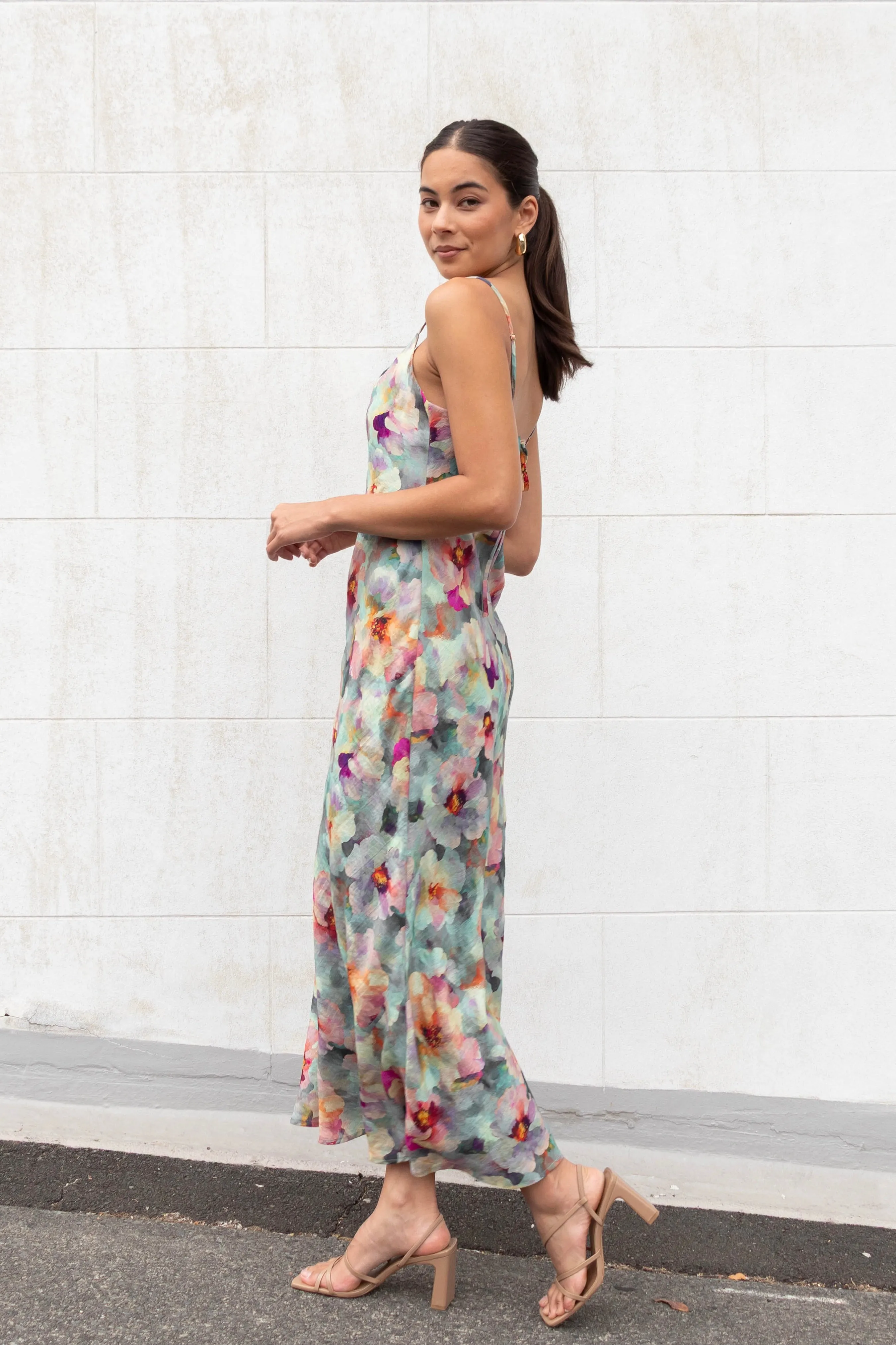 Lavish Blue Multi Floral Tie Back Bias Slip Dress