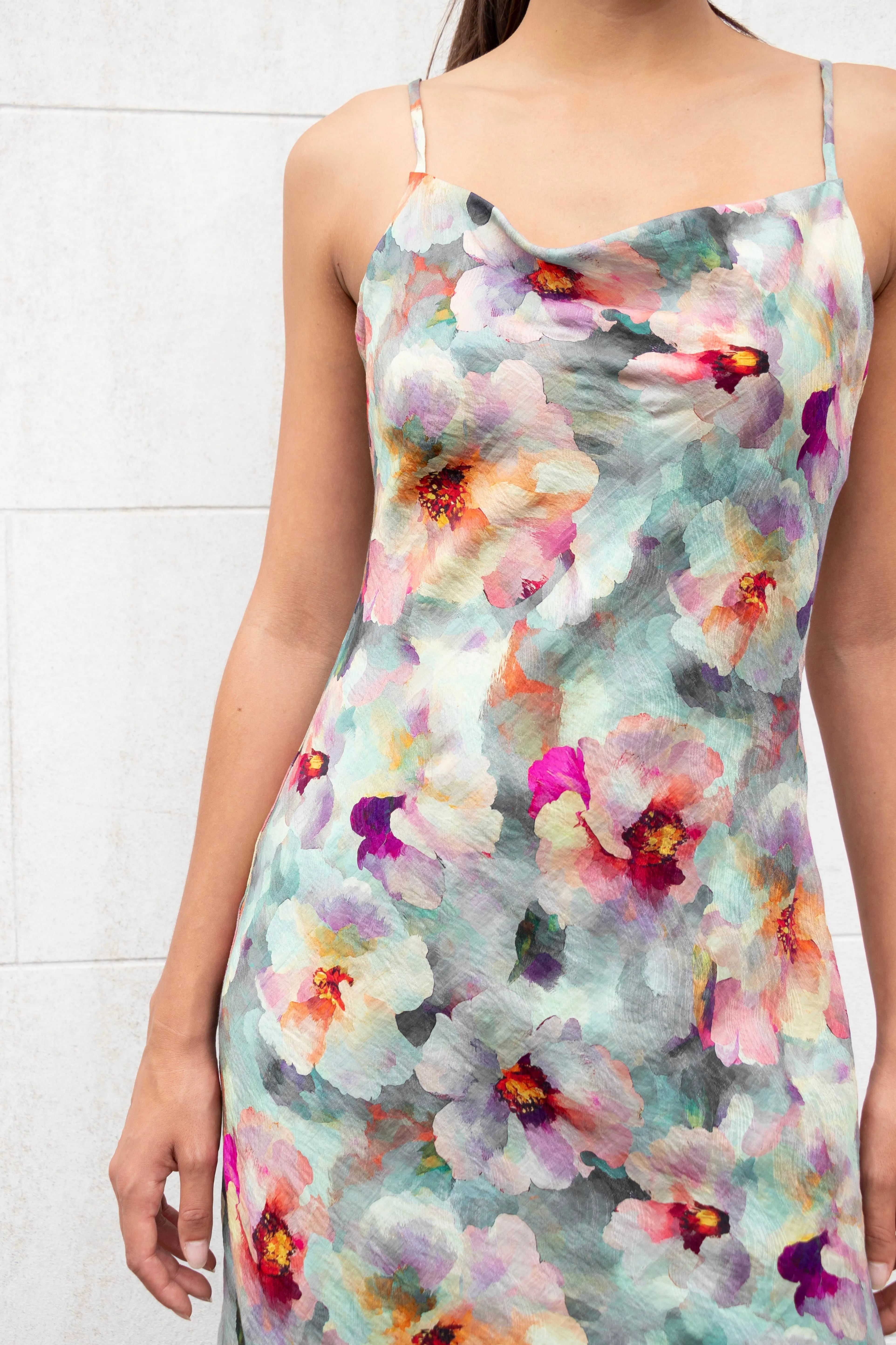 Lavish Blue Multi Floral Tie Back Bias Slip Dress