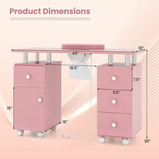 Manicure Table Nail Desk with Electric Dust Collector and 3 Dust Bags-Pink - Col