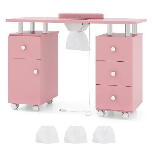 Manicure Table Nail Desk with Electric Dust Collector and 3 Dust Bags-Pink - Col