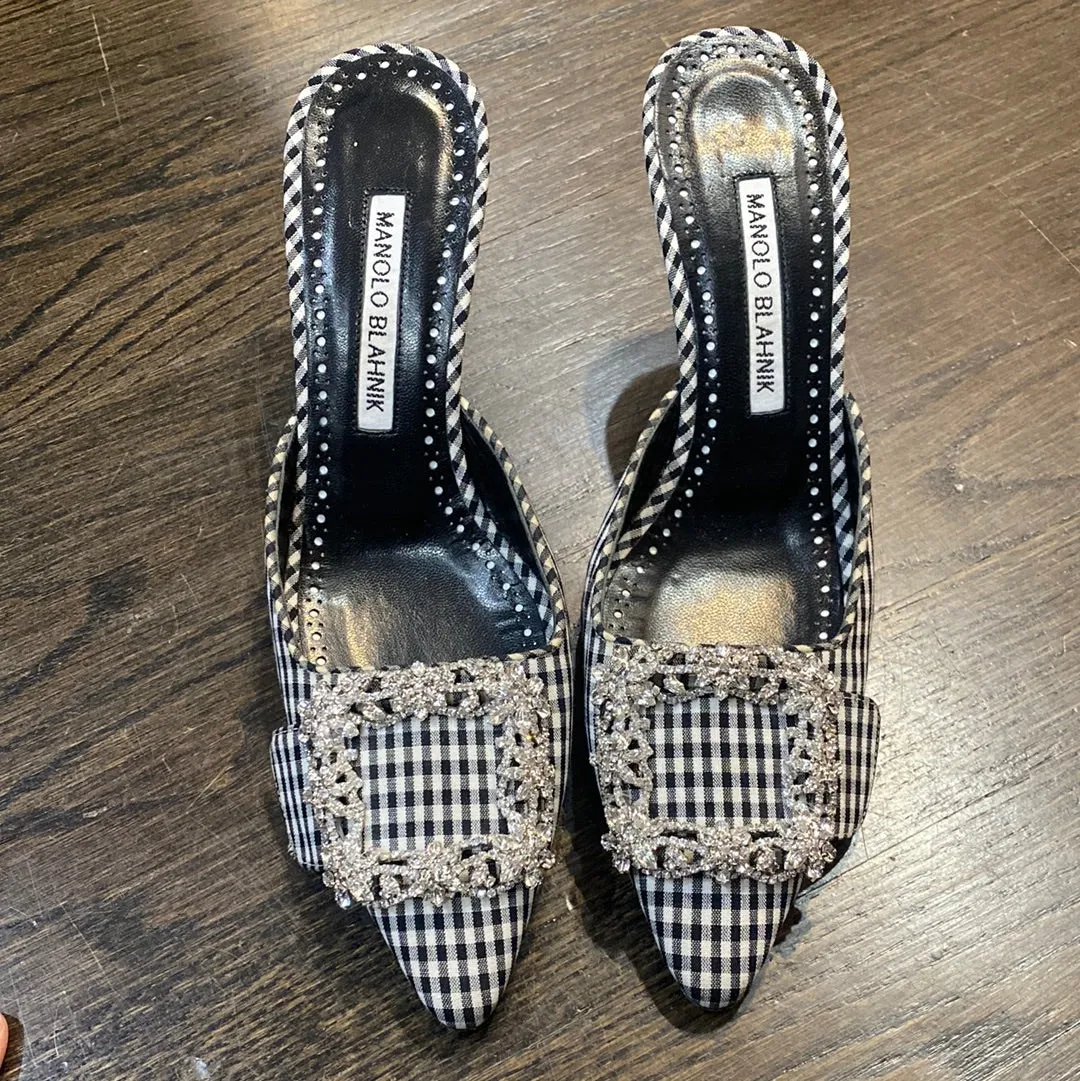 Manolo Blahnik Black and White Gingham Mules