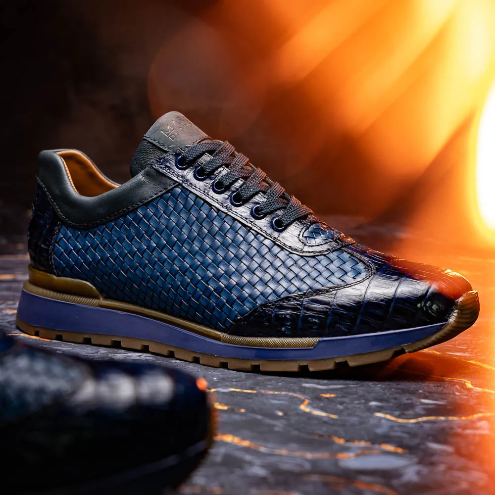 Marco Di Milano Roma Navy Woven Calfskin & Crocodile Sneakers