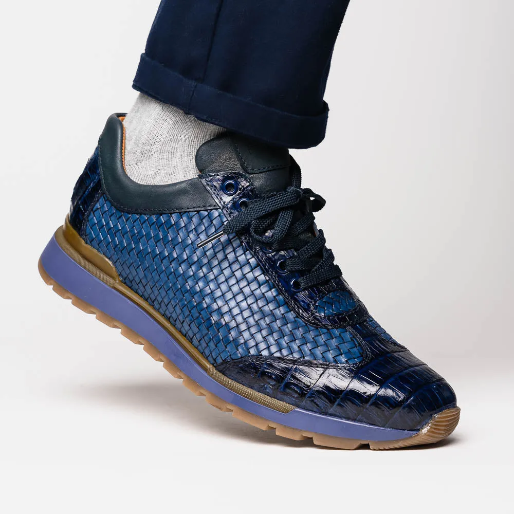 Marco Di Milano Roma Navy Woven Calfskin & Crocodile Sneakers