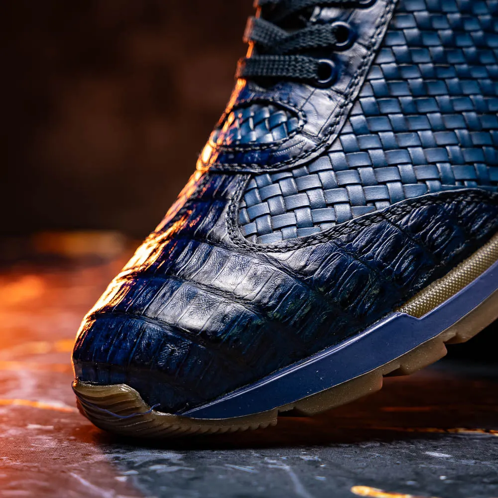 Marco Di Milano Roma Navy Woven Calfskin & Crocodile Sneakers