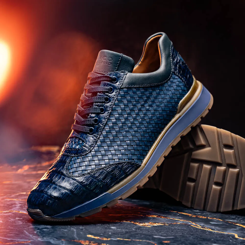 Marco Di Milano Roma Navy Woven Calfskin & Crocodile Sneakers