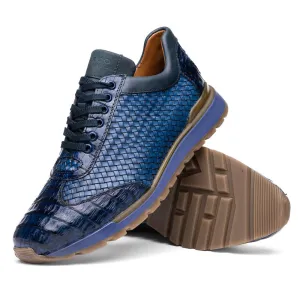 Marco Di Milano Roma Navy Woven Calfskin & Crocodile Sneakers