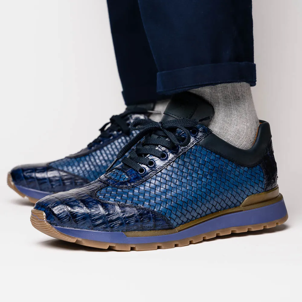 Marco Di Milano Roma Navy Woven Calfskin & Crocodile Sneakers