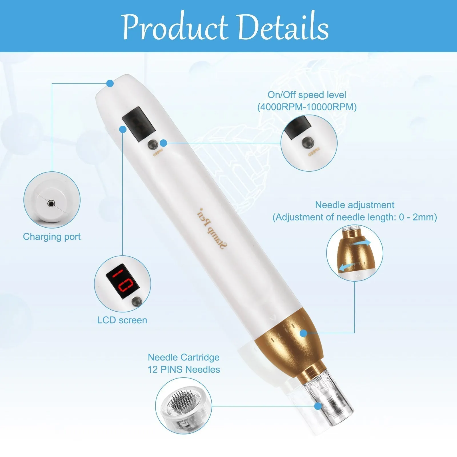Mircroneedling Pen Electric Dermapen with Replacement Cartridges for Wrinkles Remove Skin Care