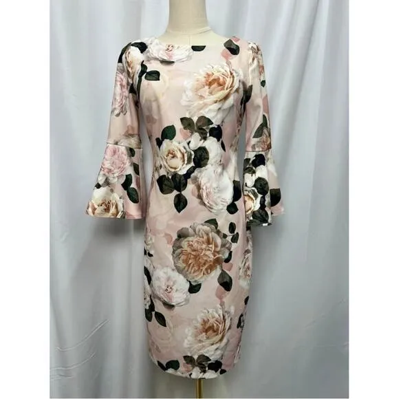 NWT! Calvin Klein Women's Floral-Print Bell-Sleeve Sheath Dress 4