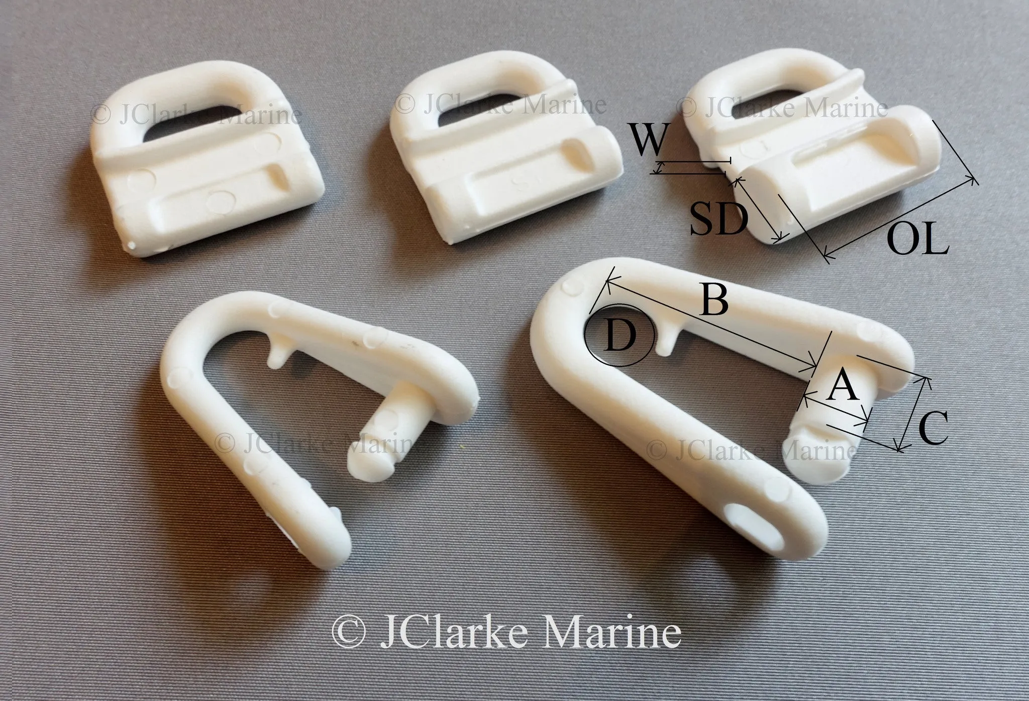 Nylon snap on sail shackle for low friction slides