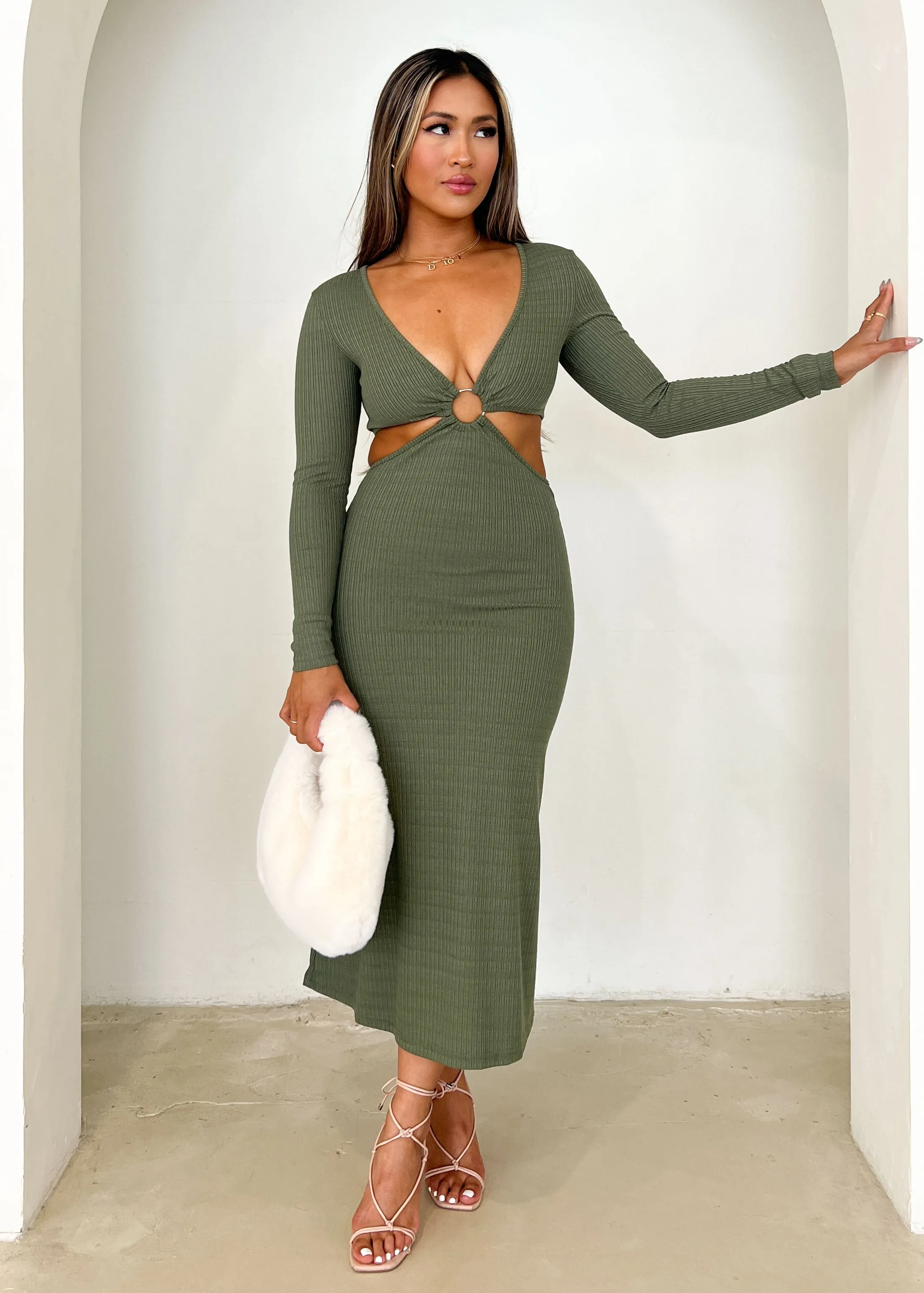 Overdrive Cut Out Knit Midi Dress - Khaki