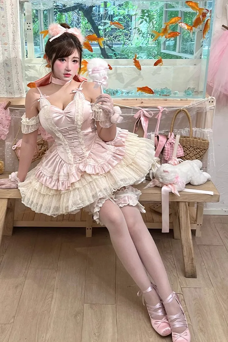 Pink [Ballet Cat] Multi-Layered Ruffle Bowknot Lace Sweet Ballet Lolita Jsk Dress