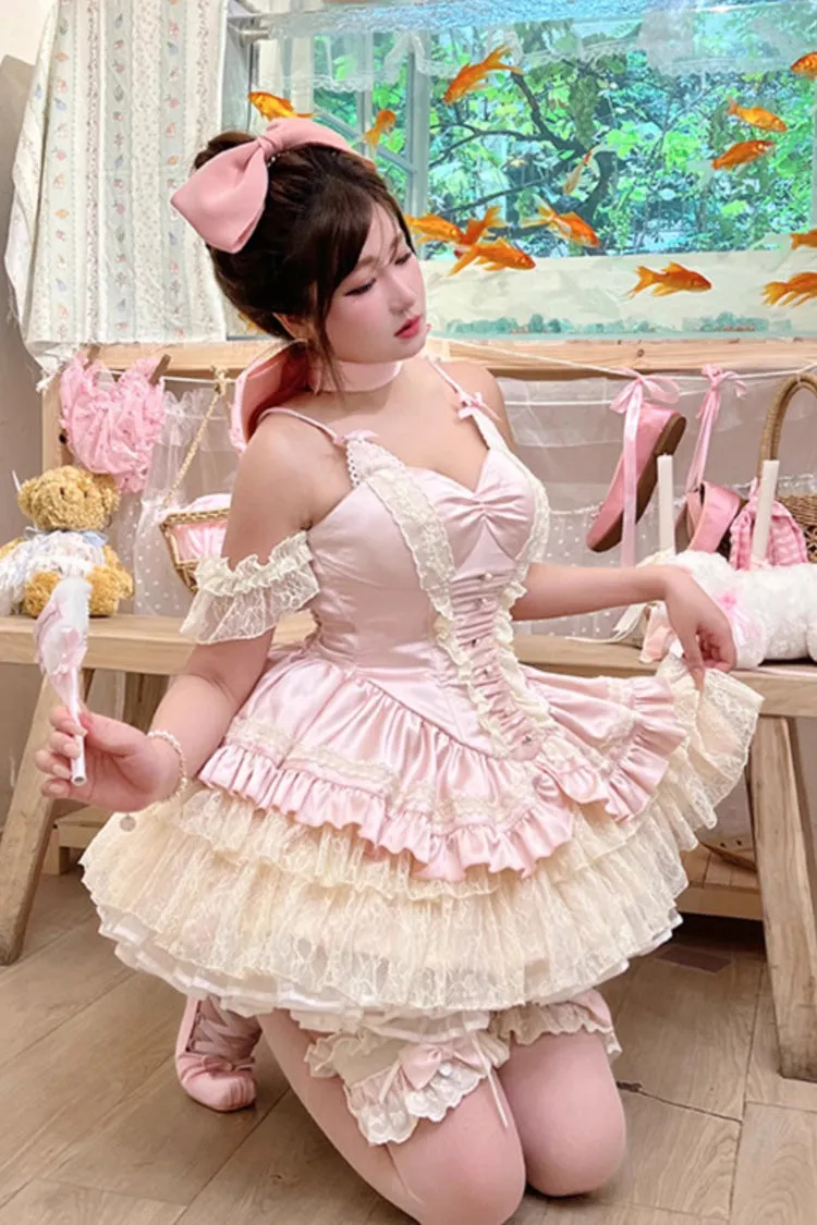 Pink [Ballet Cat] Multi-Layered Ruffle Bowknot Lace Sweet Ballet Lolita Jsk Dress