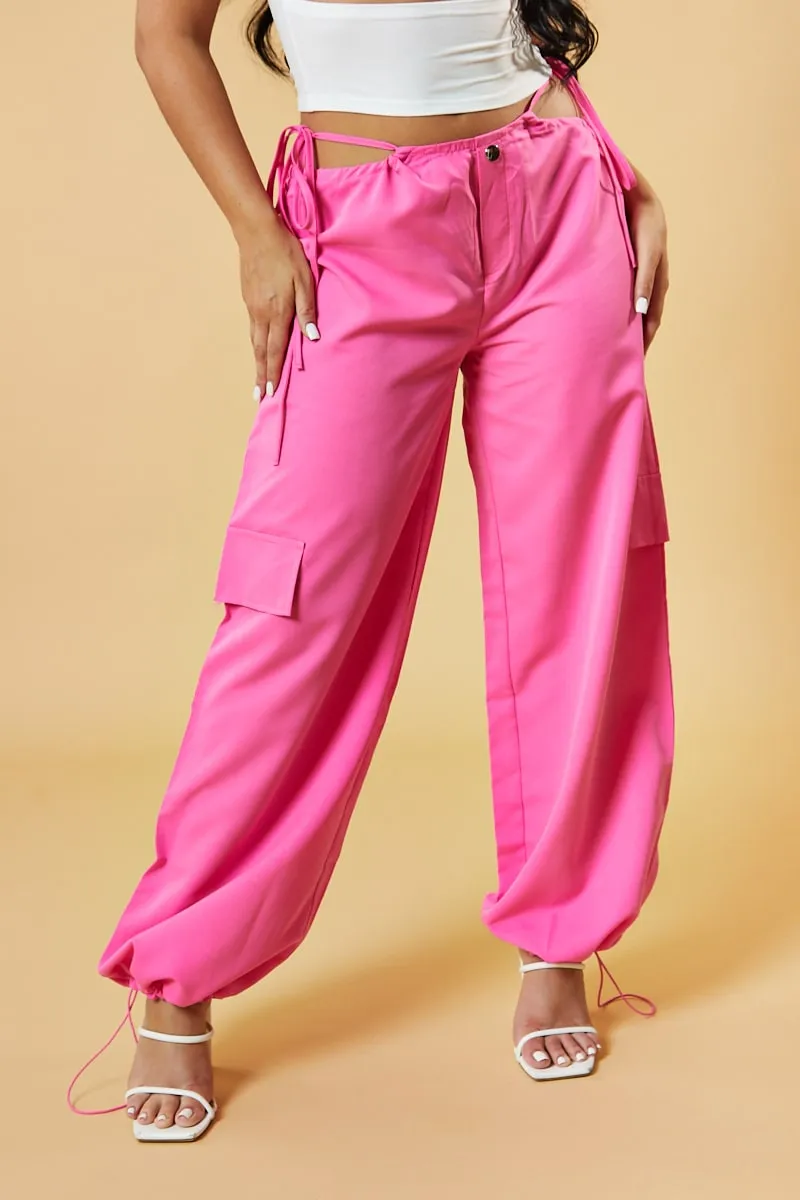 Pink Tie Waist Toggle Detail Parachute Cargo Trousers - Eva
