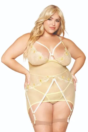 Plus Size Embroidery Gartered Lingerie Slip