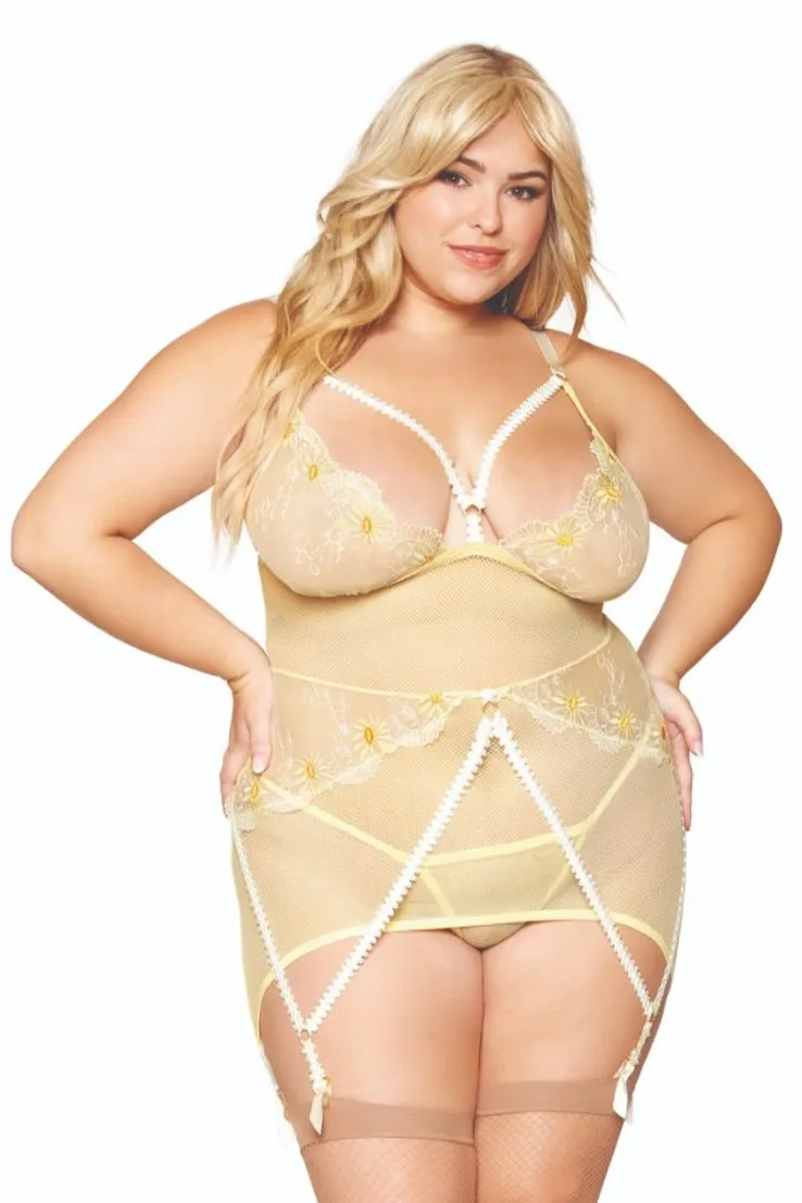Plus Size Embroidery Gartered Lingerie Slip