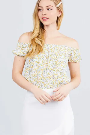 Short Sleeve Off The Shoulder W/shirring Detailed Printed Woven Crop Top