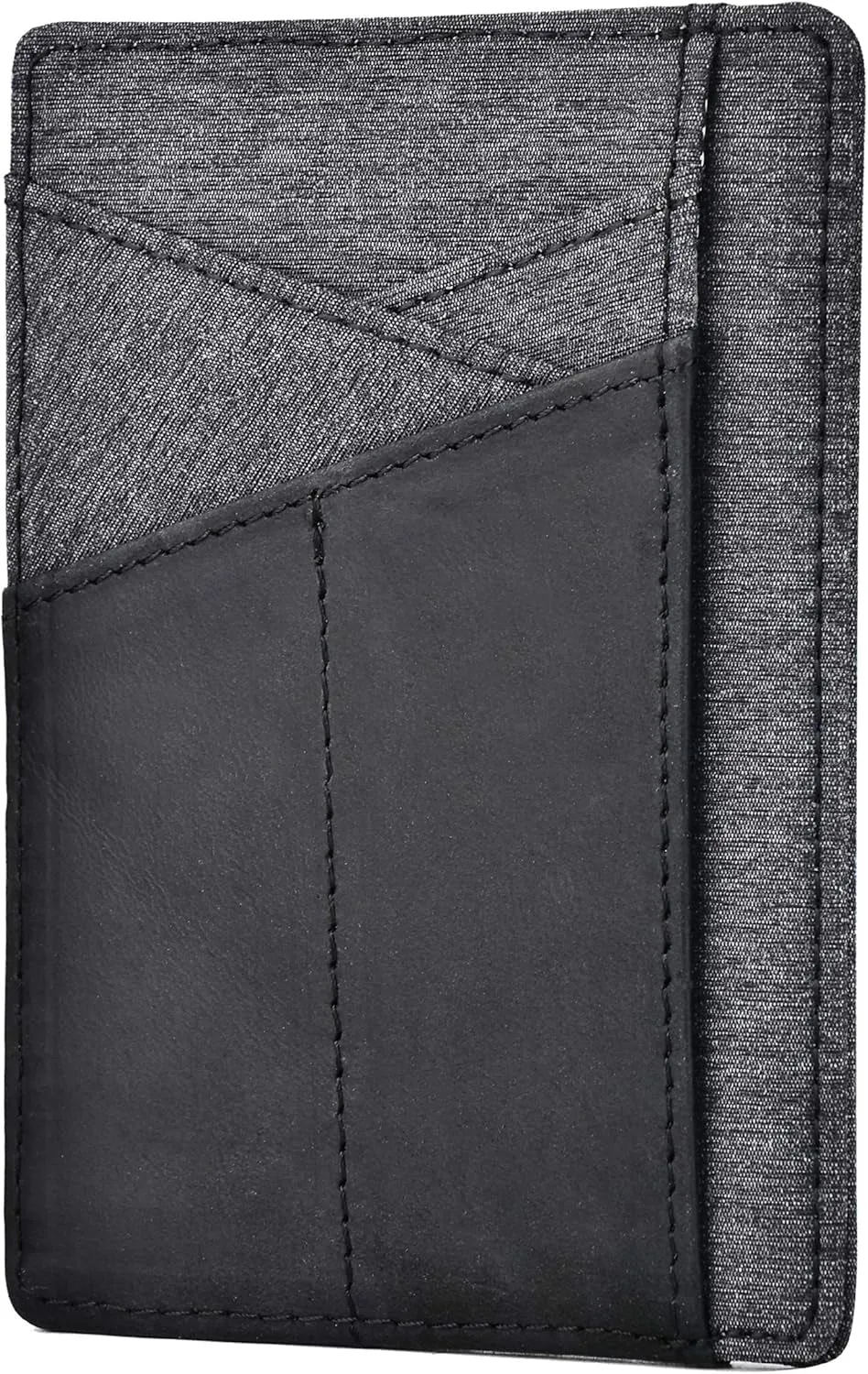 Slim Front Pocket Wallet, RFID Blocking Credit Card Holder -Black Leather & Grey Cloth