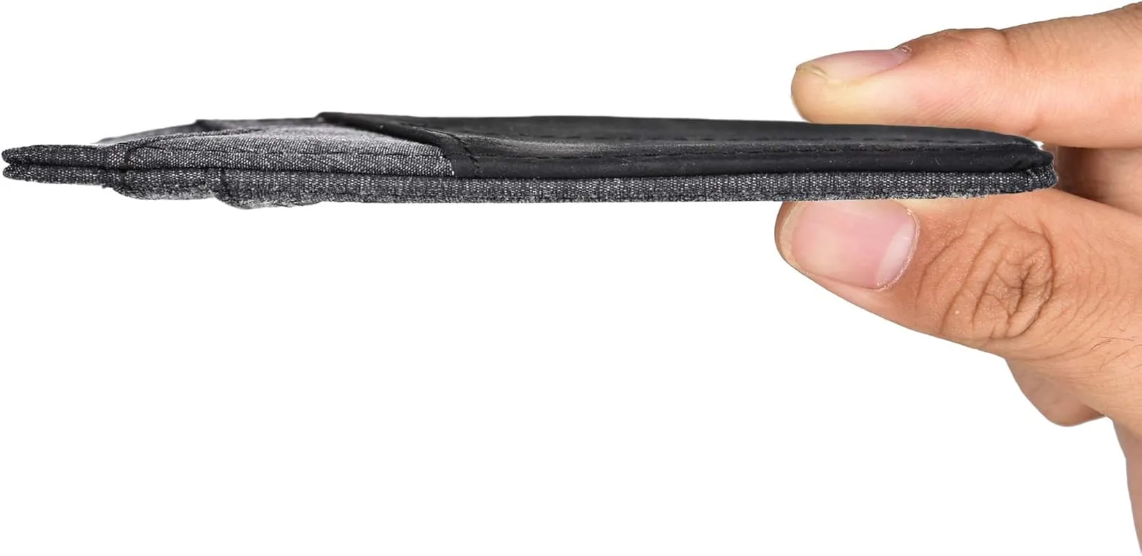 Slim Front Pocket Wallet, RFID Blocking Credit Card Holder -Black Leather & Grey Cloth