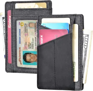 Slim Front Pocket Wallet, RFID Blocking Credit Card Holder -Black Leather & Grey Cloth