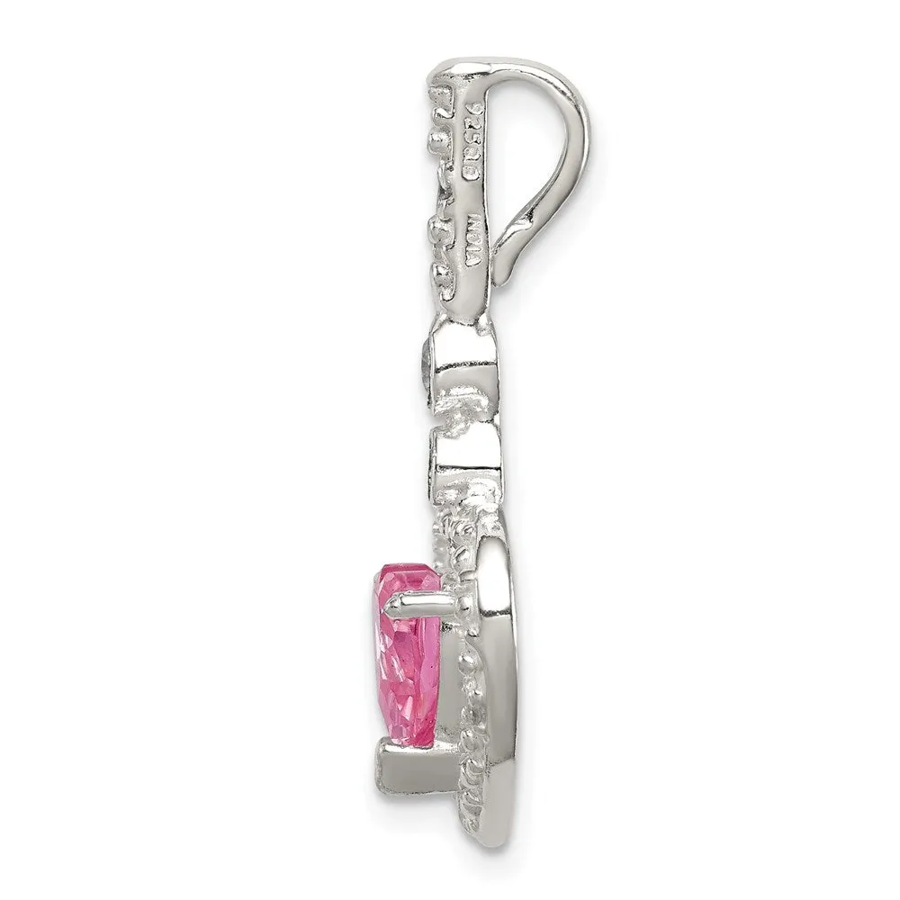 Sterling Silver Polished Clear CZ and Pink CZ Heart Slide Pendant