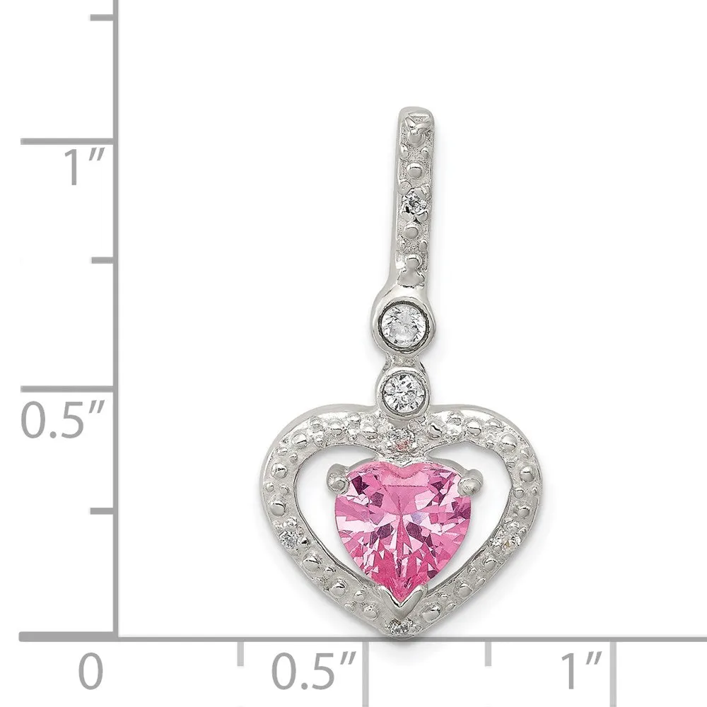 Sterling Silver Polished Clear CZ and Pink CZ Heart Slide Pendant