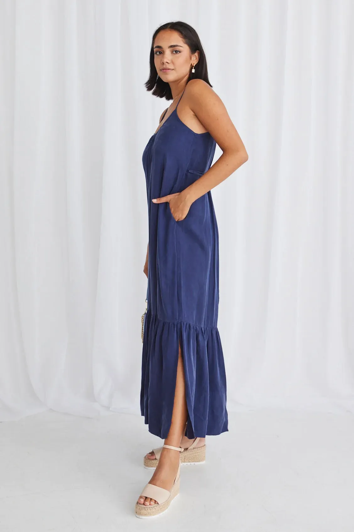 STORIES BE TOLD All Day Blue Cupro Strappy Tiered Empire Midi Dress