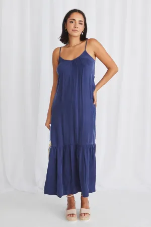 STORIES BE TOLD All Day Blue Cupro Strappy Tiered Empire Midi Dress