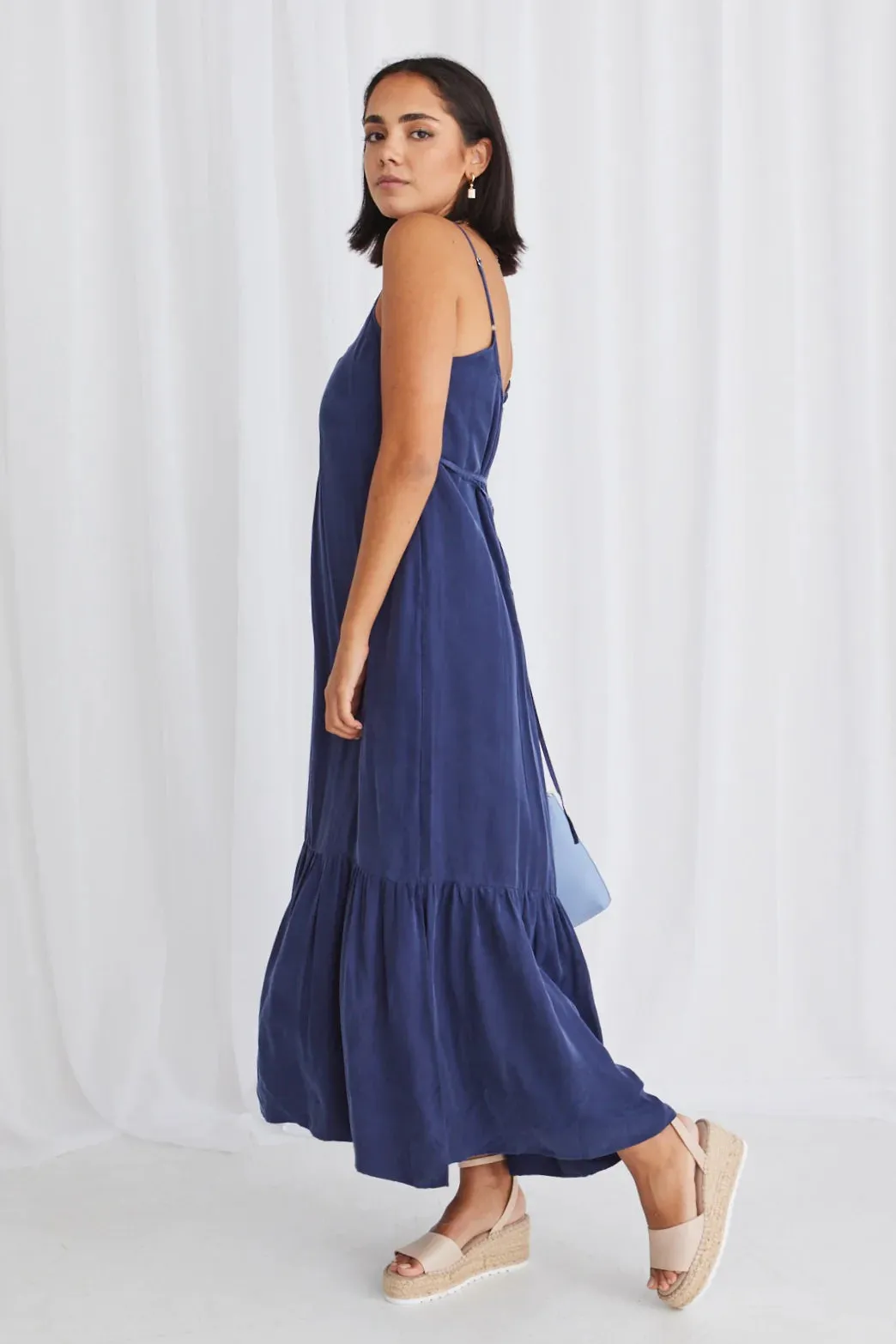 STORIES BE TOLD All Day Blue Cupro Strappy Tiered Empire Midi Dress