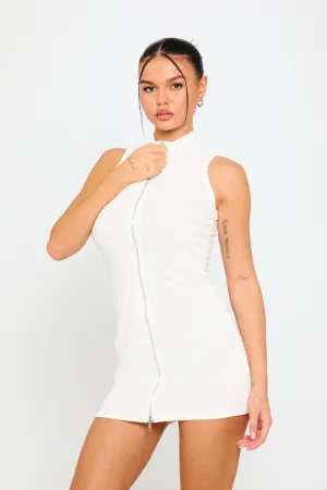 White Zip-Up Sleeveless Mini Dress | Sleek & Sporty | Effortless Chic