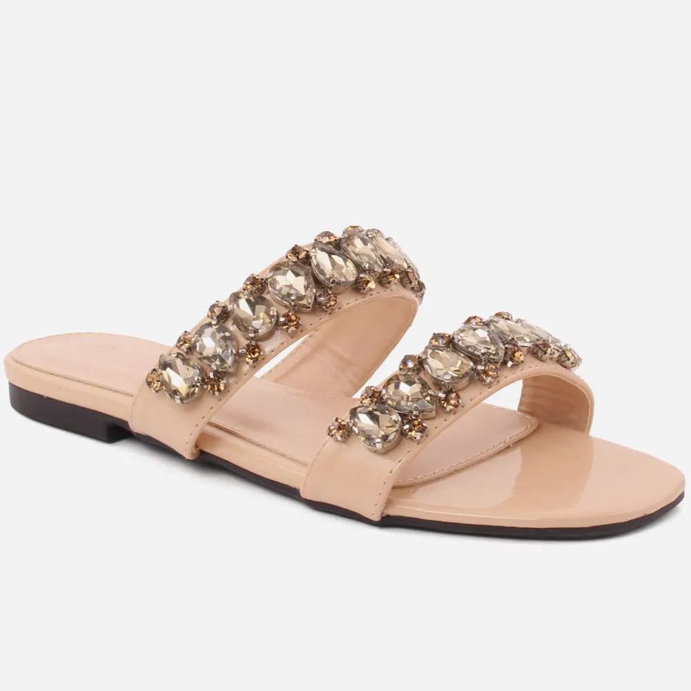 Women"CHLOE" Cross Strap Diamante Slippers