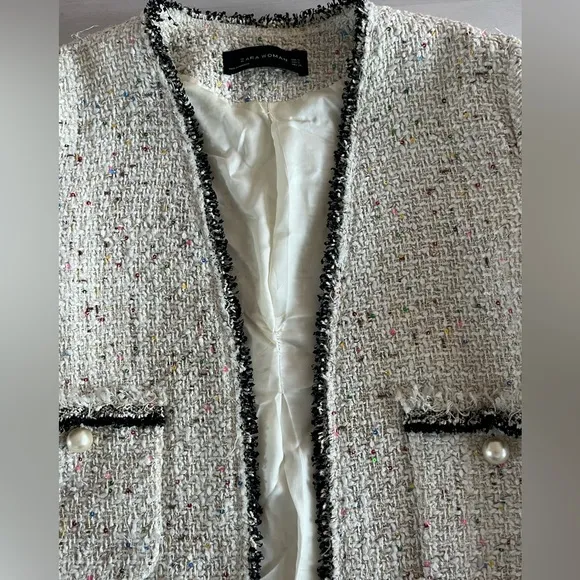 Zara Ecru Sequin Tweed Pearl Button Blazer size small