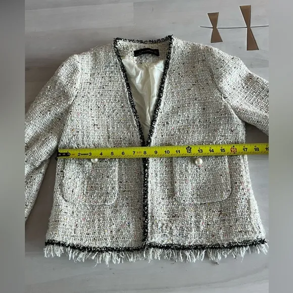 Zara Ecru Sequin Tweed Pearl Button Blazer size small