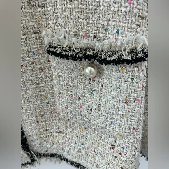 Zara Ecru Sequin Tweed Pearl Button Blazer size small