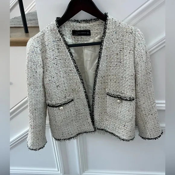 Zara Ecru Sequin Tweed Pearl Button Blazer size small