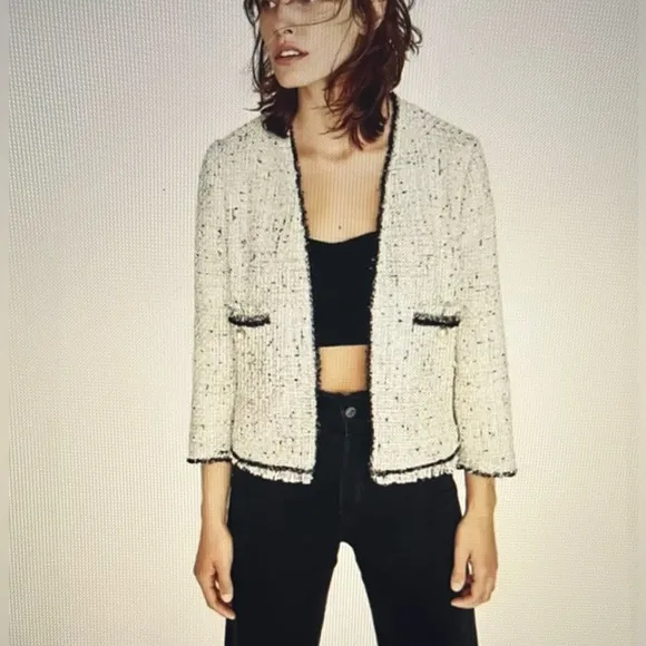 Zara Ecru Sequin Tweed Pearl Button Blazer size small