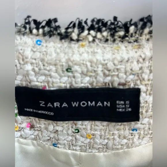 Zara Ecru Sequin Tweed Pearl Button Blazer size small