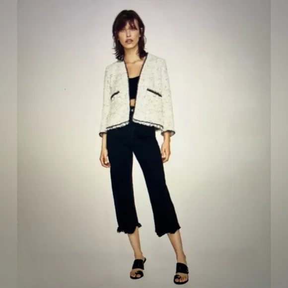 Zara Ecru Sequin Tweed Pearl Button Blazer size small